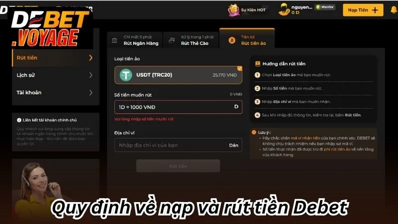 Quy định về nạp và rút tiền Debet
